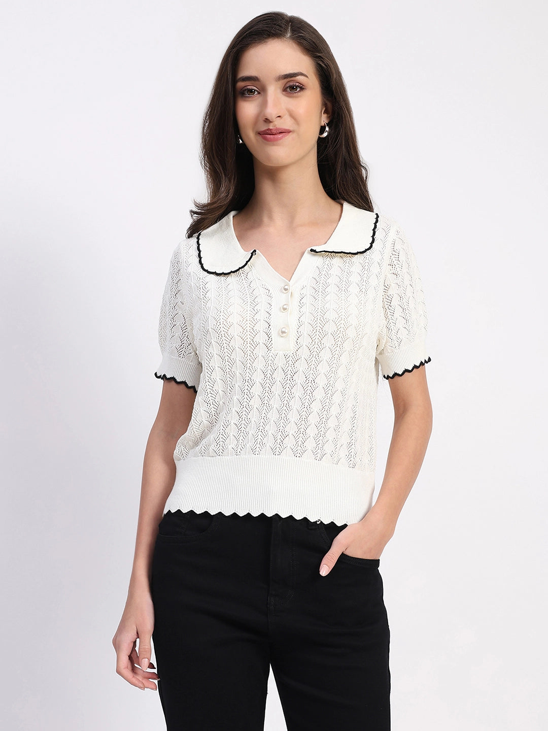 White Scallop Hem Knitted Top