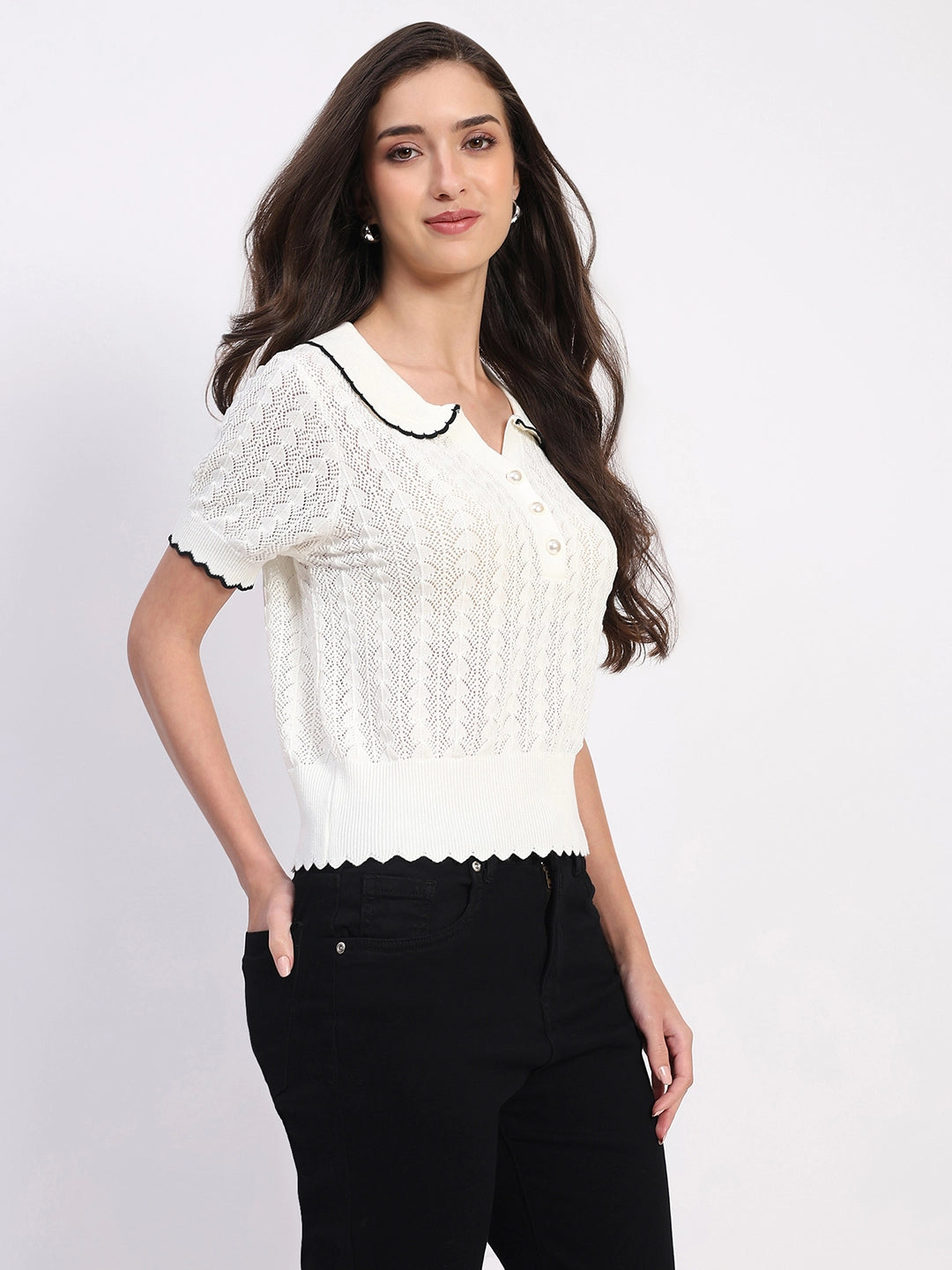 White Scallop Hem Knitted Top
