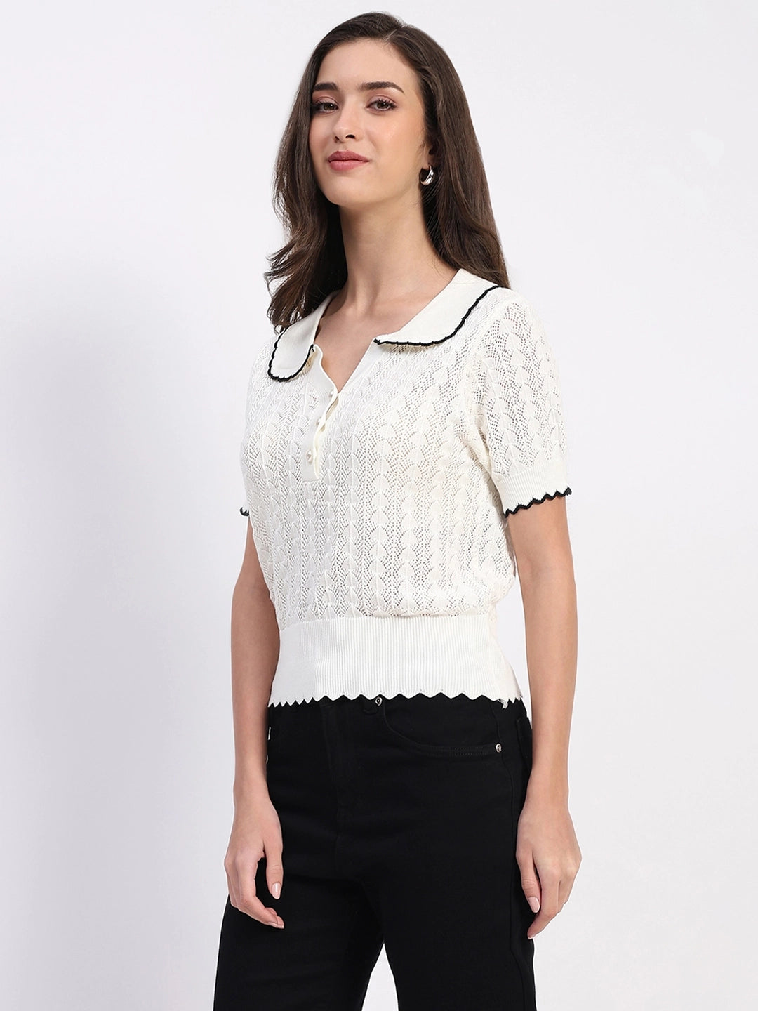 White Scallop Hem Knitted Top - Global Republic