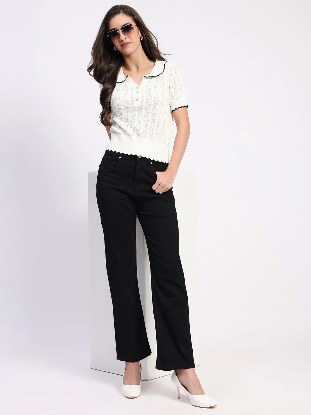 White Scallop Hem Knitted Top - Global Republic