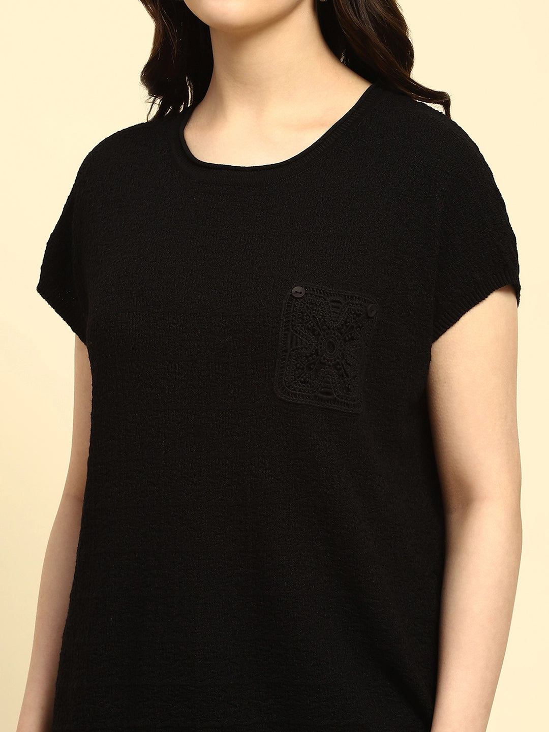 Black Textured Viscose Boxy Top - Global Republic