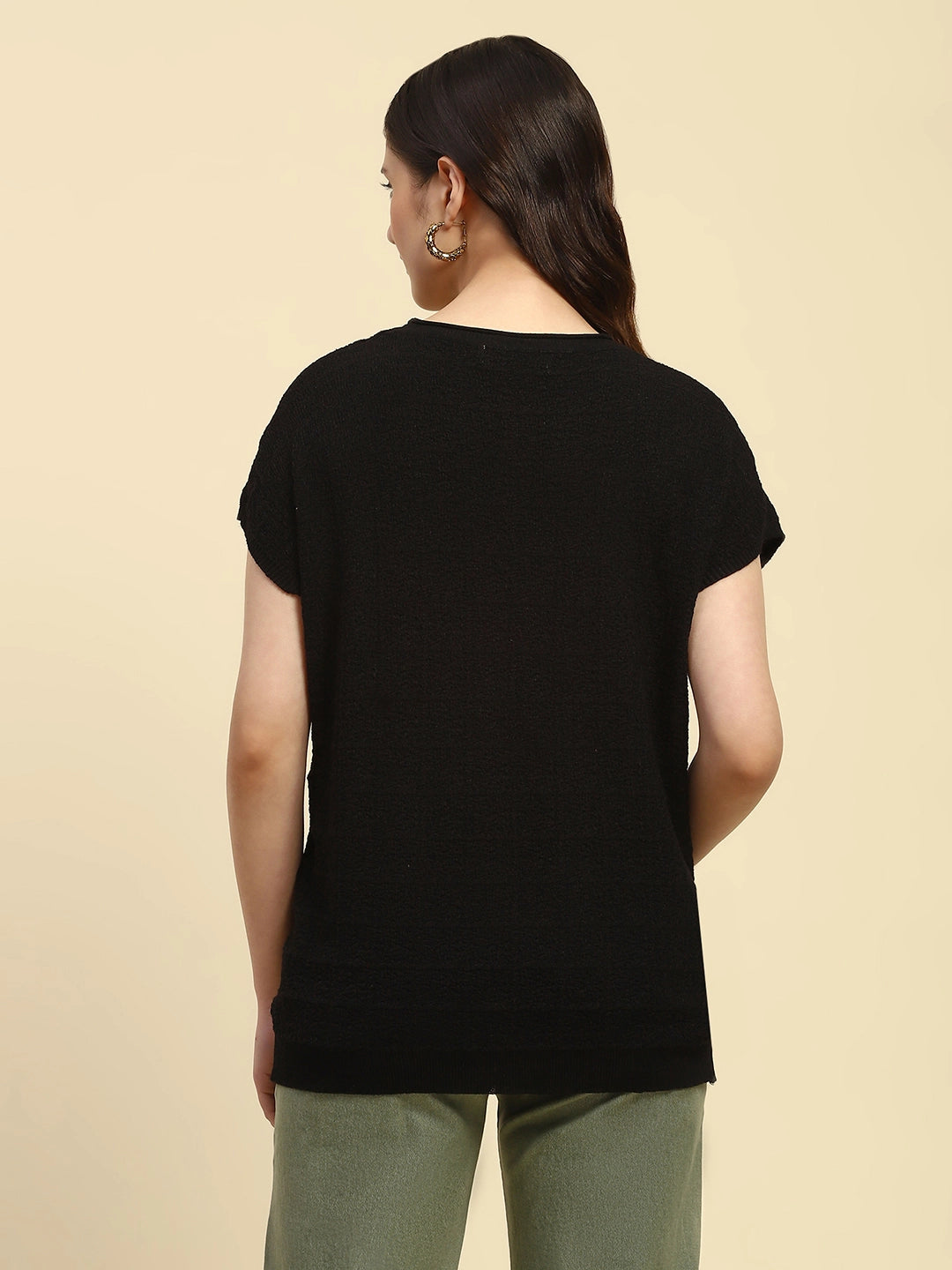 Black Textured Viscose Boxy Top - Global Republic