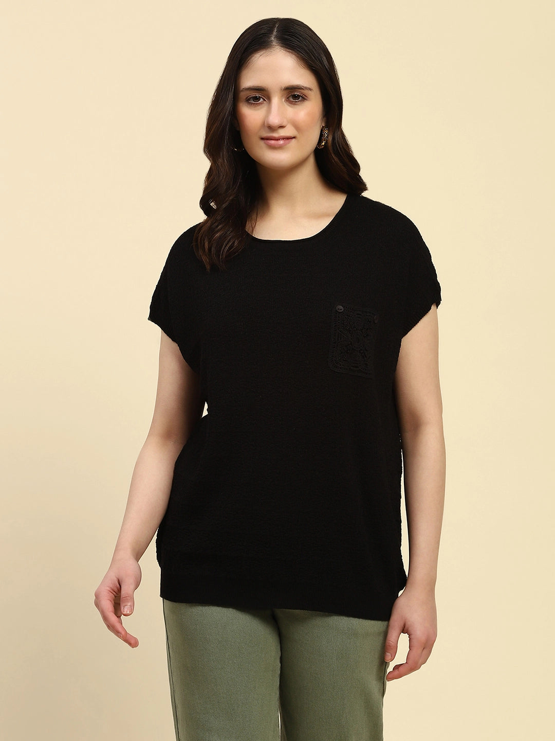 Black Textured Viscose Boxy Top - Global Republic