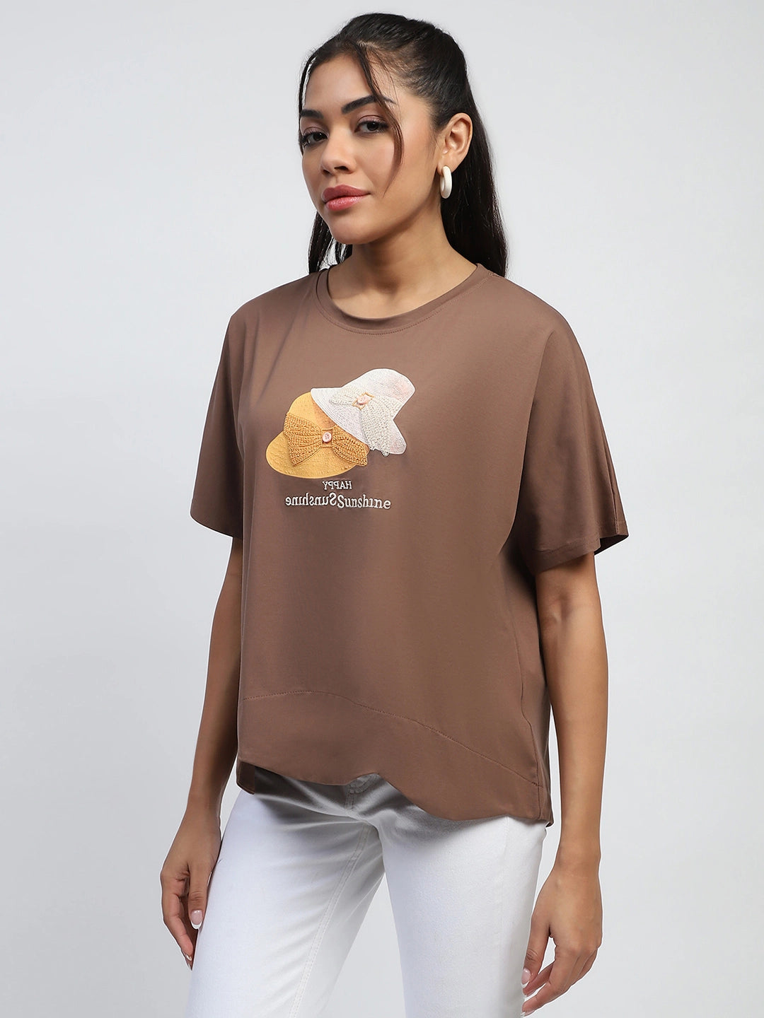 Brown Cotton Embroidered Boxy Top - Global Republic