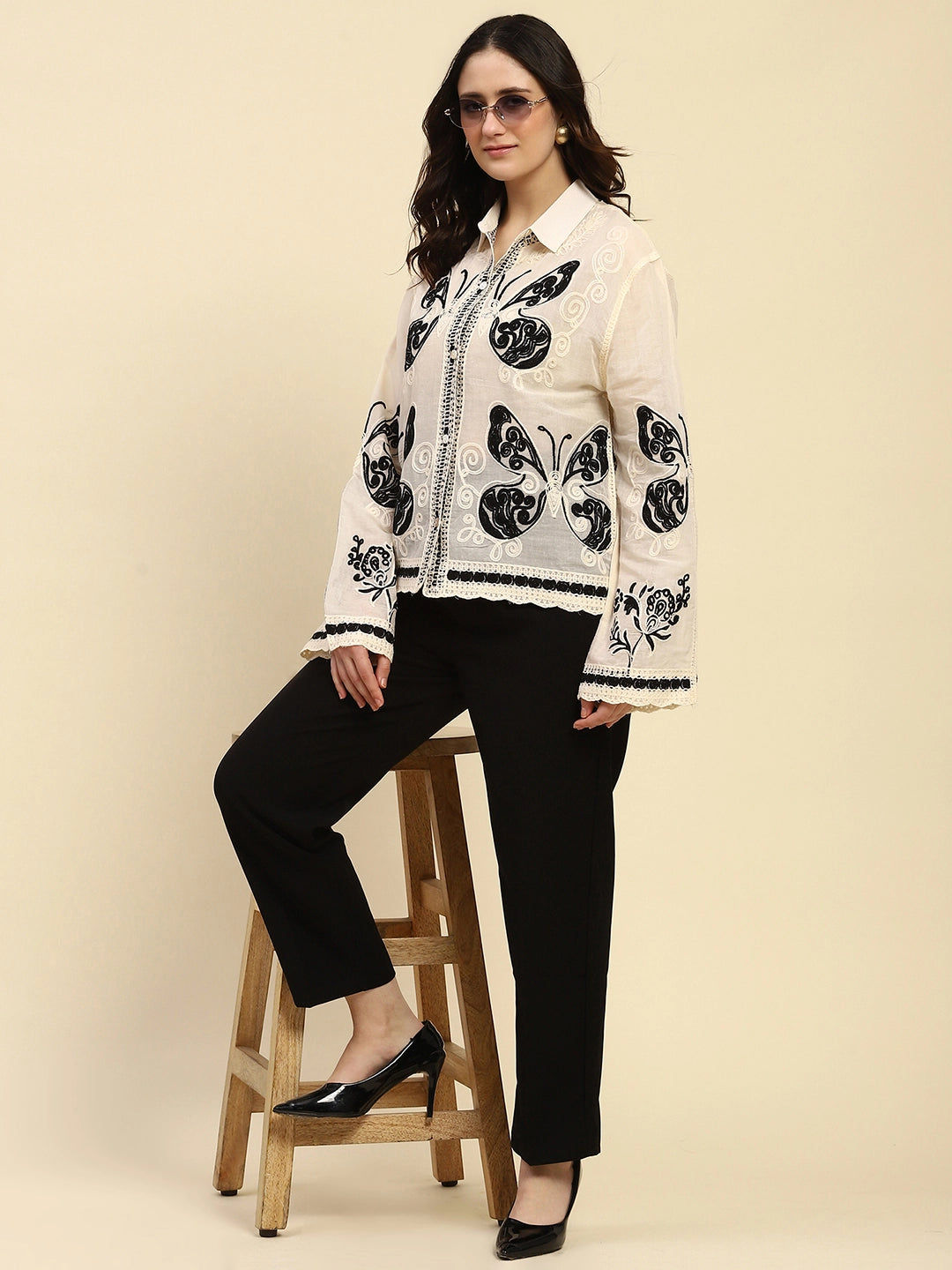 Cream & Black Embroidered Cotton Shirt