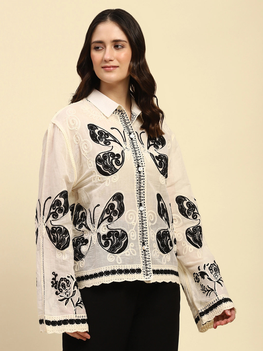 Cream & Black Embroidered Cotton Shirt
