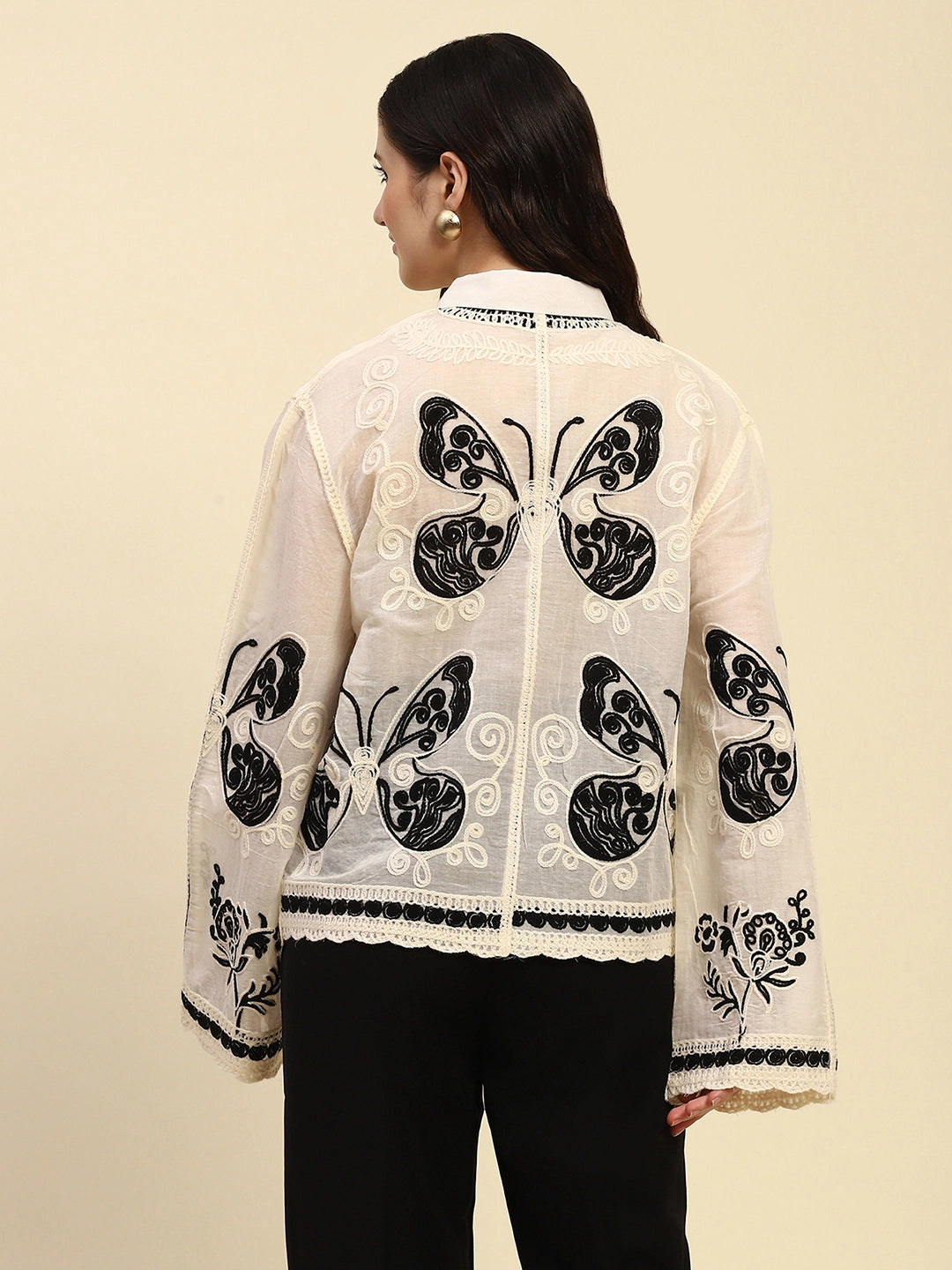 Cream & Black Embroidered Cotton Shirt - Global Republic