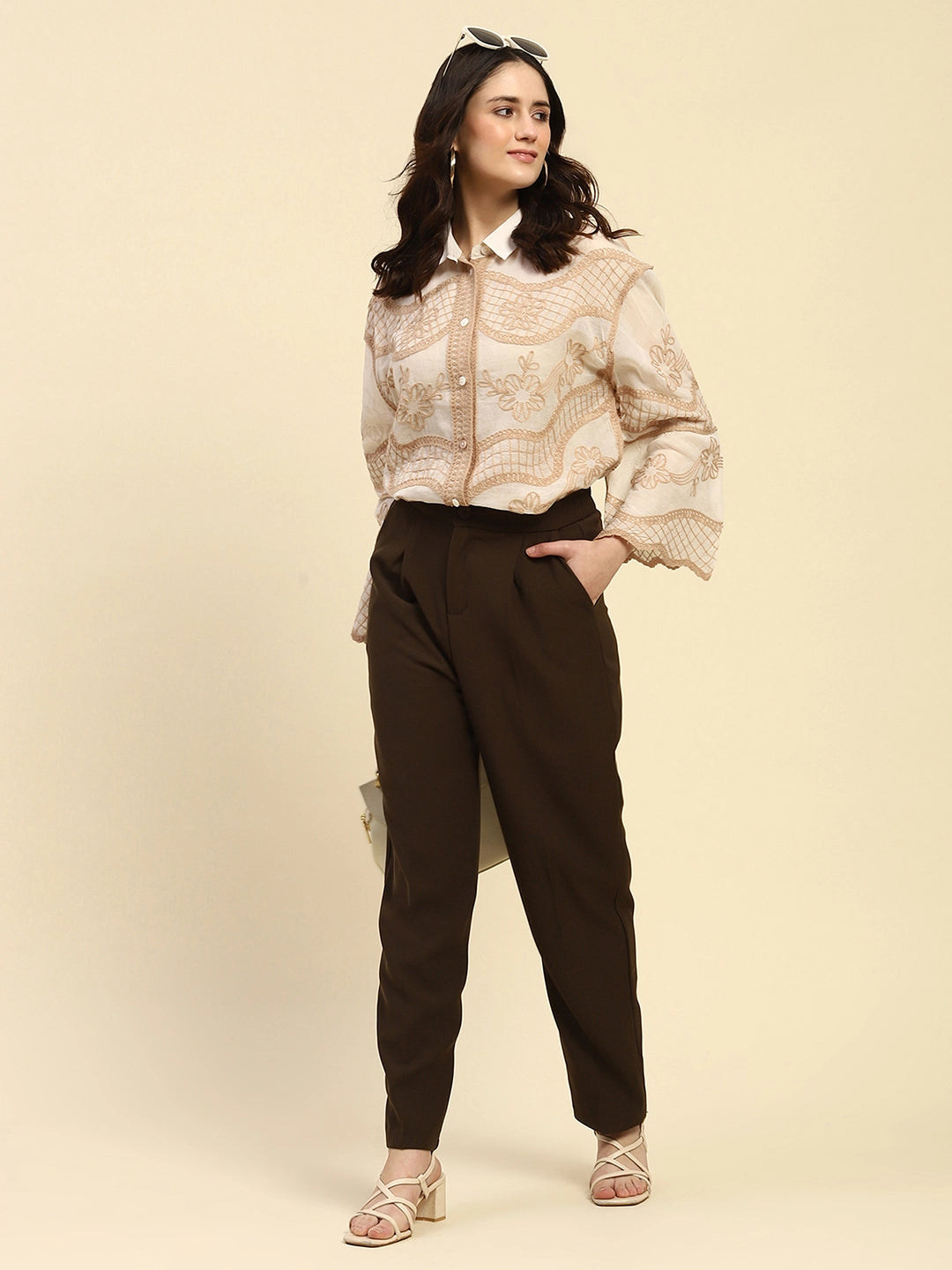 Cream & Beige Embroidered Cotton Shirt