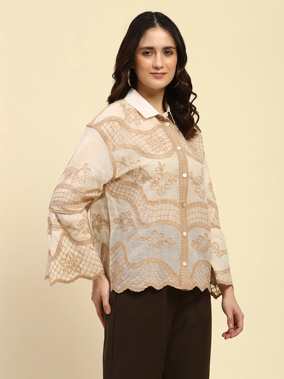 Cream & Beige Embroidered Cotton Shirt