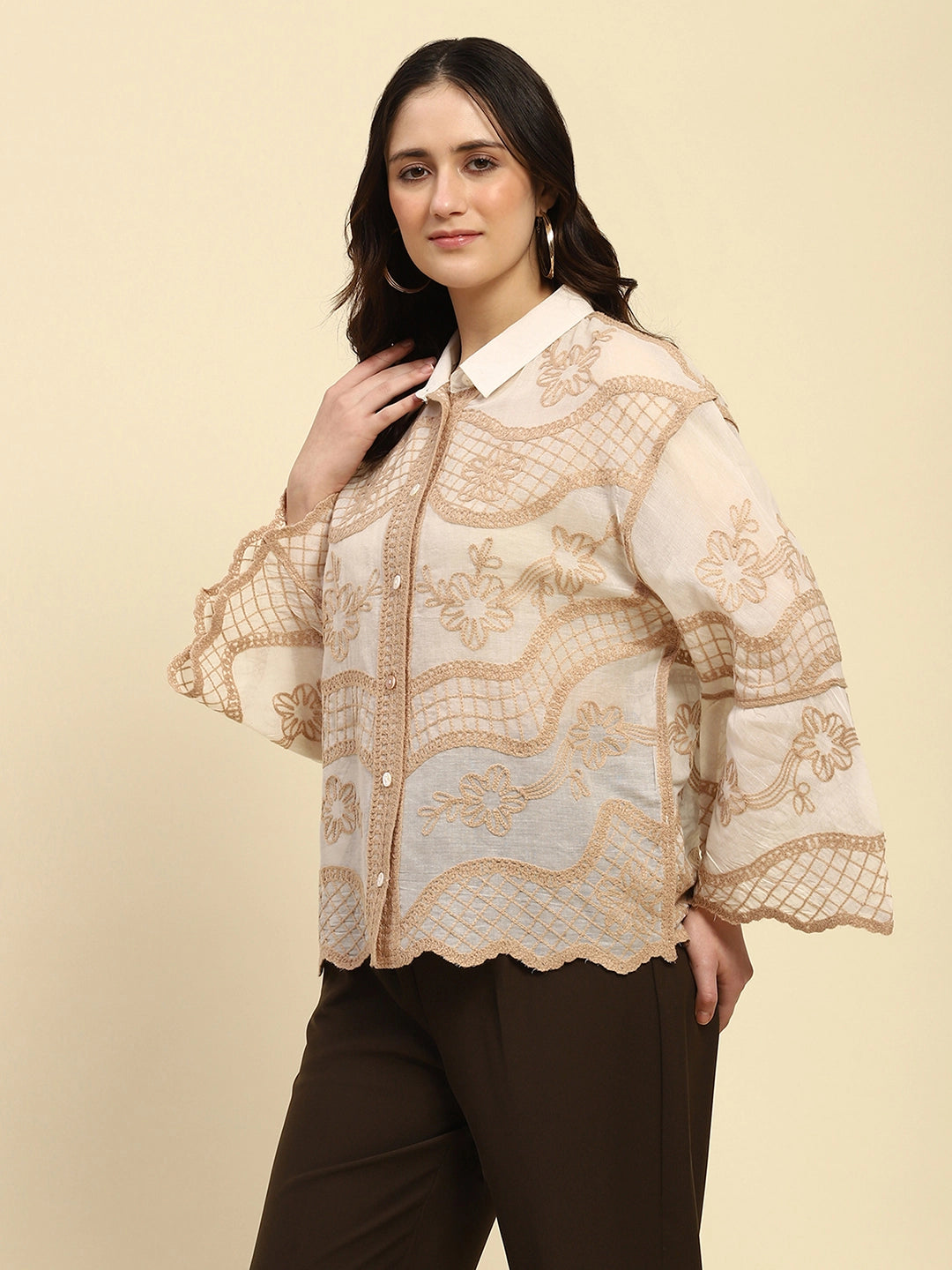 Cream & Beige Embroidered Cotton Shirt