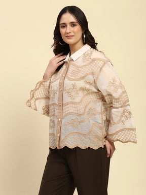 Cream & Beige Embroidered Cotton Shirt