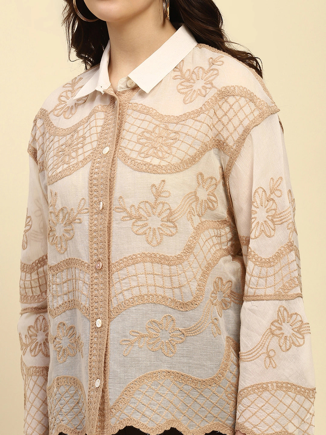 Cream & Beige Embroidered Cotton Shirt