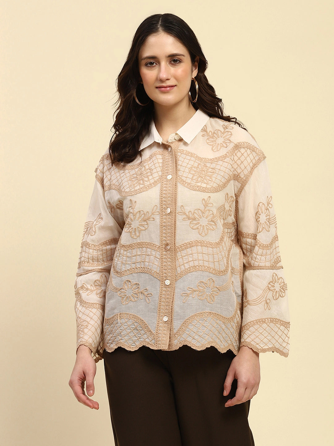 Cream & Beige Embroidered Cotton Shirt