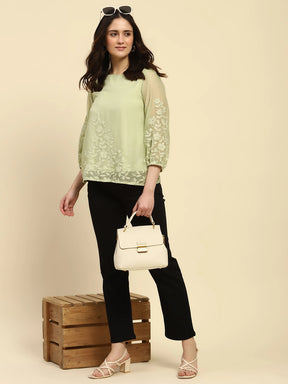 Green Embroidered Chiffon Top