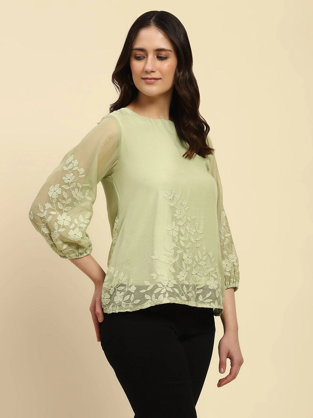 Green Embroidered Chiffon Top