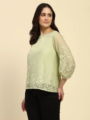 Green Embroidered Chiffon Top