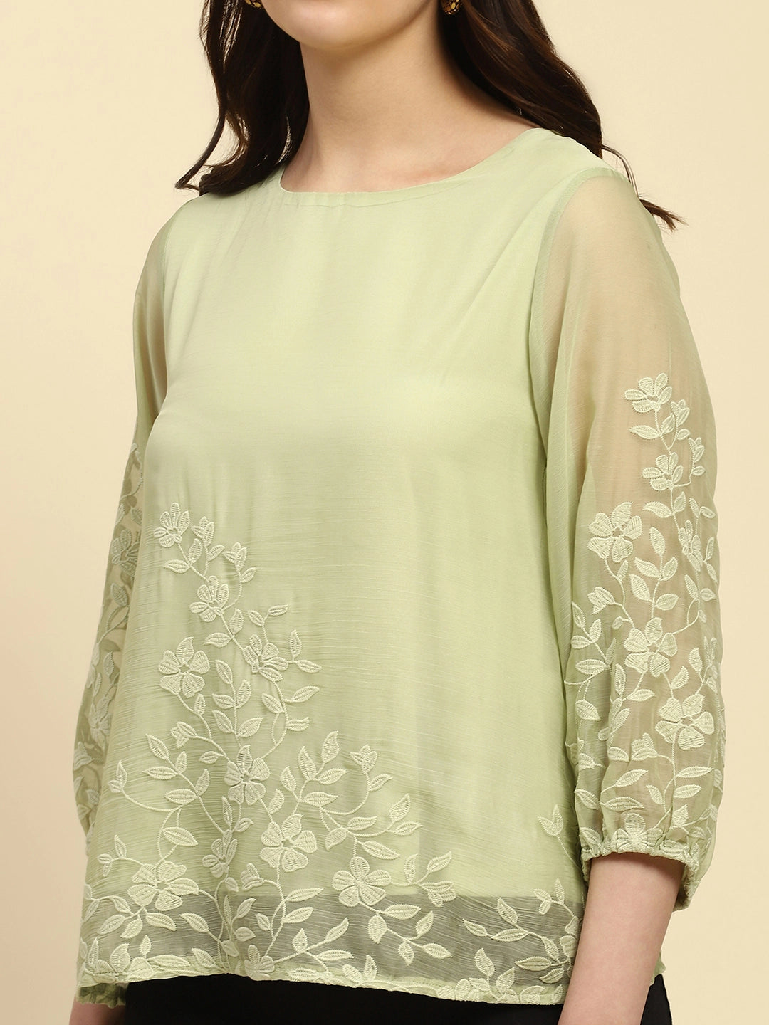 Green Embroidered Chiffon Top