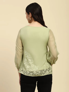Green Embroidered Chiffon Top