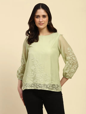 Green Embroidered Chiffon Top