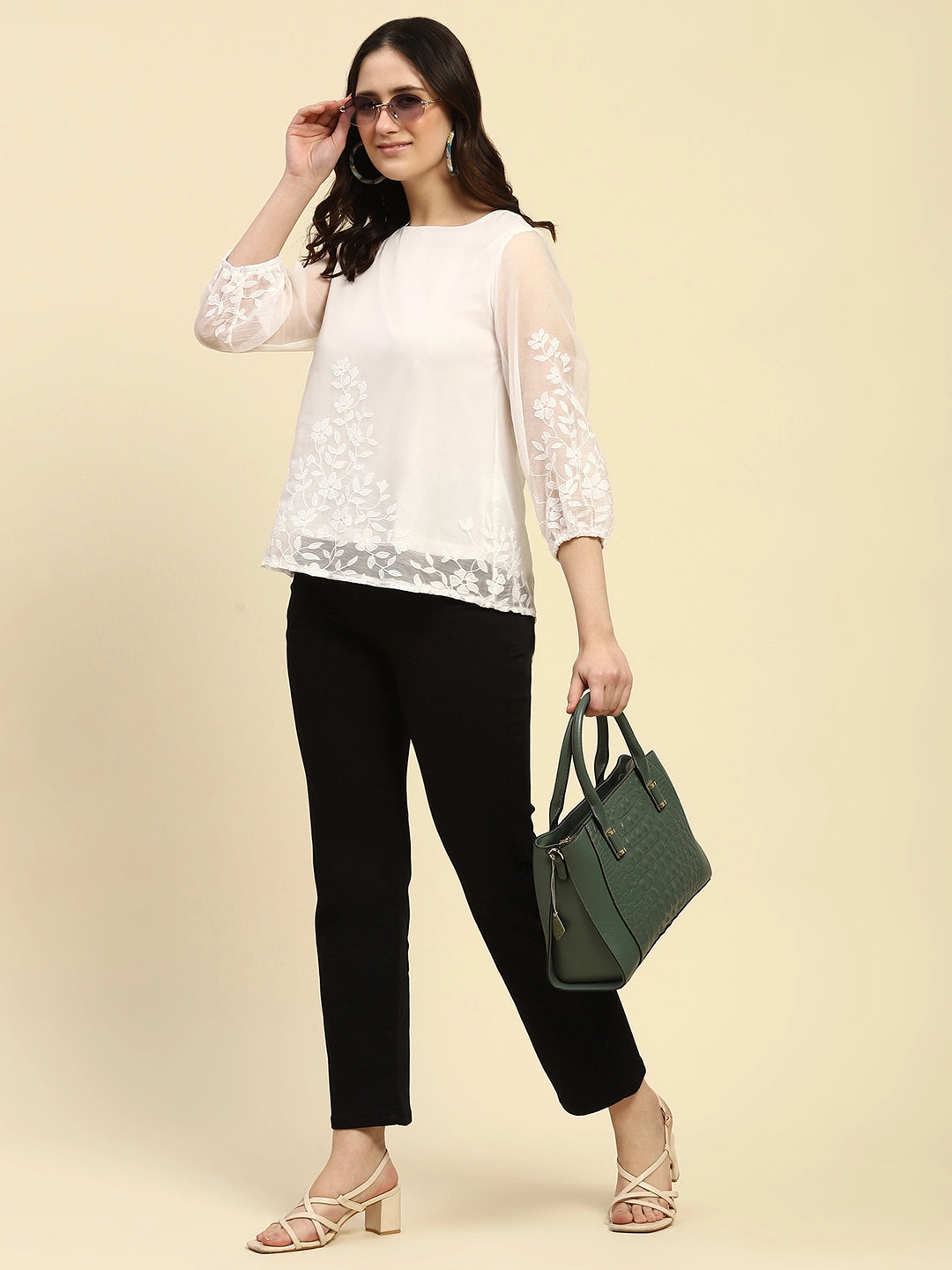 White Embroidered Chiffon Top - Global Republic