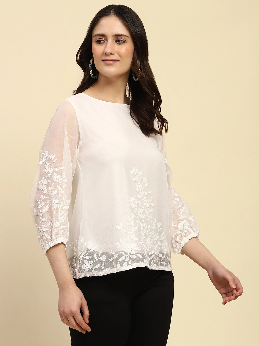 White Embroidered Chiffon Top
