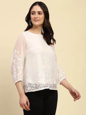 White Embroidered Chiffon Top