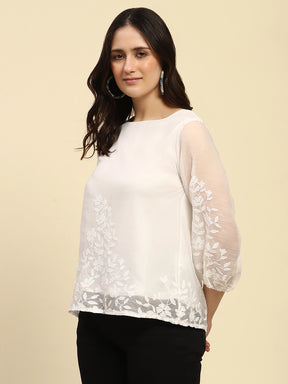 White Embroidered Chiffon Top