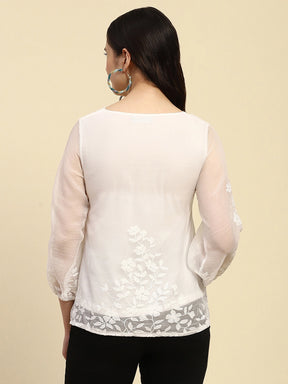 White Embroidered Chiffon Top