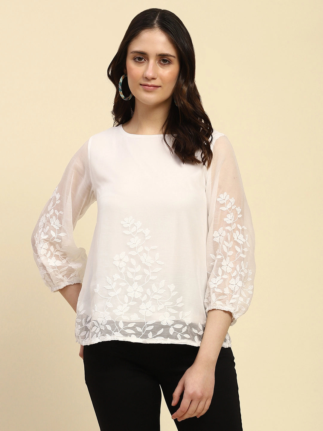 White Embroidered Chiffon Top