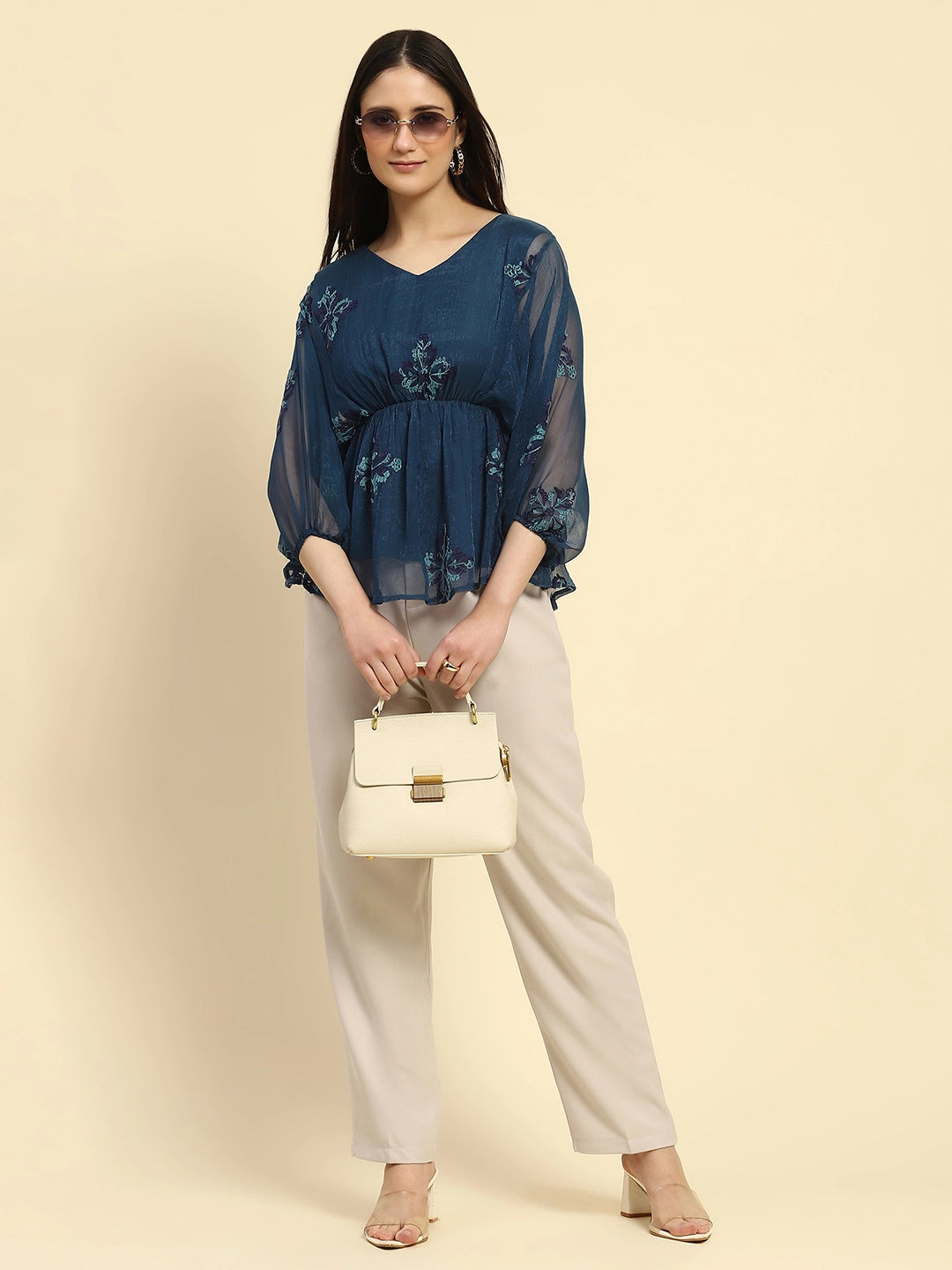 Teal Embroidered Poly Blend Top