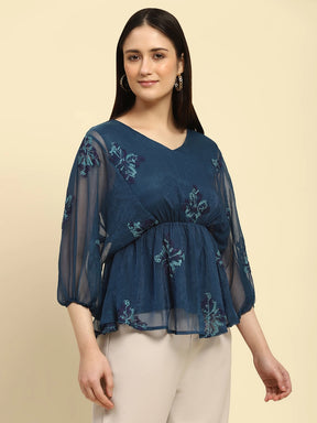 Teal Embroidered Poly Blend Top