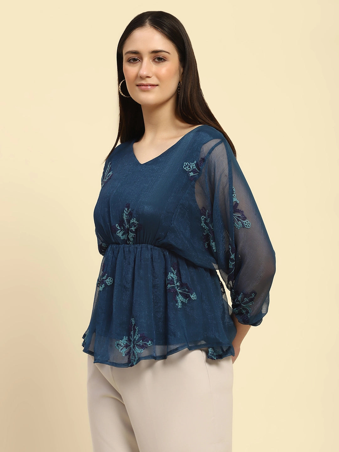 Teal Embroidered Poly Blend Top