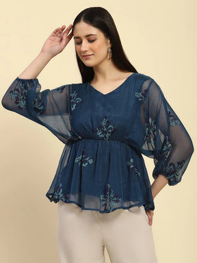 Teal Embroidered Poly Blend Top