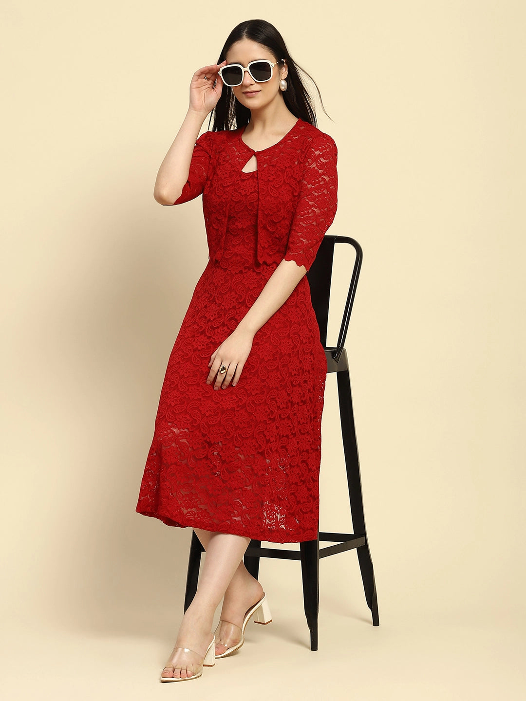 Crimson Floral Lace Fit & Flare Dress