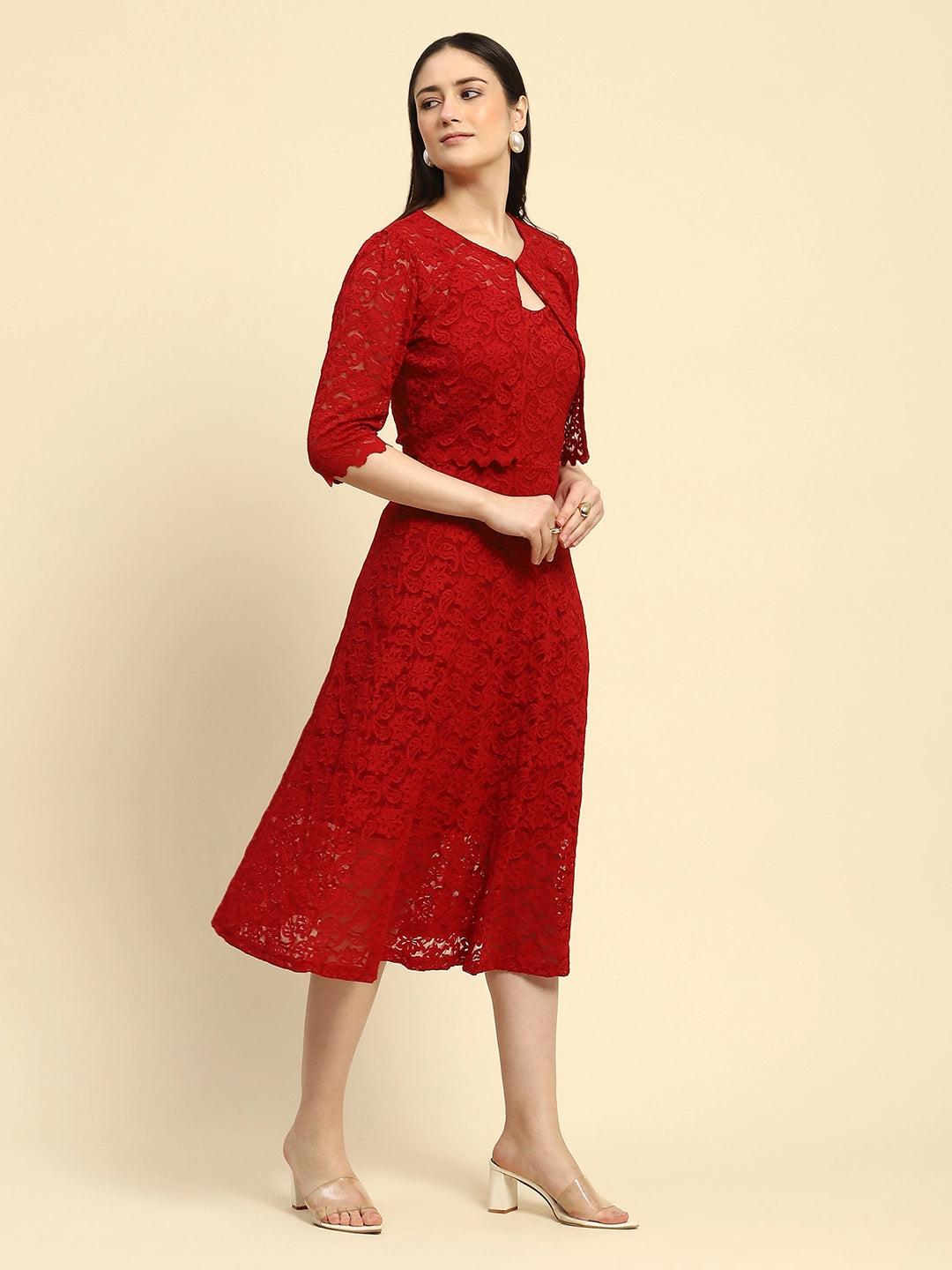 Crimson Floral Lace Fit & Flare Dress