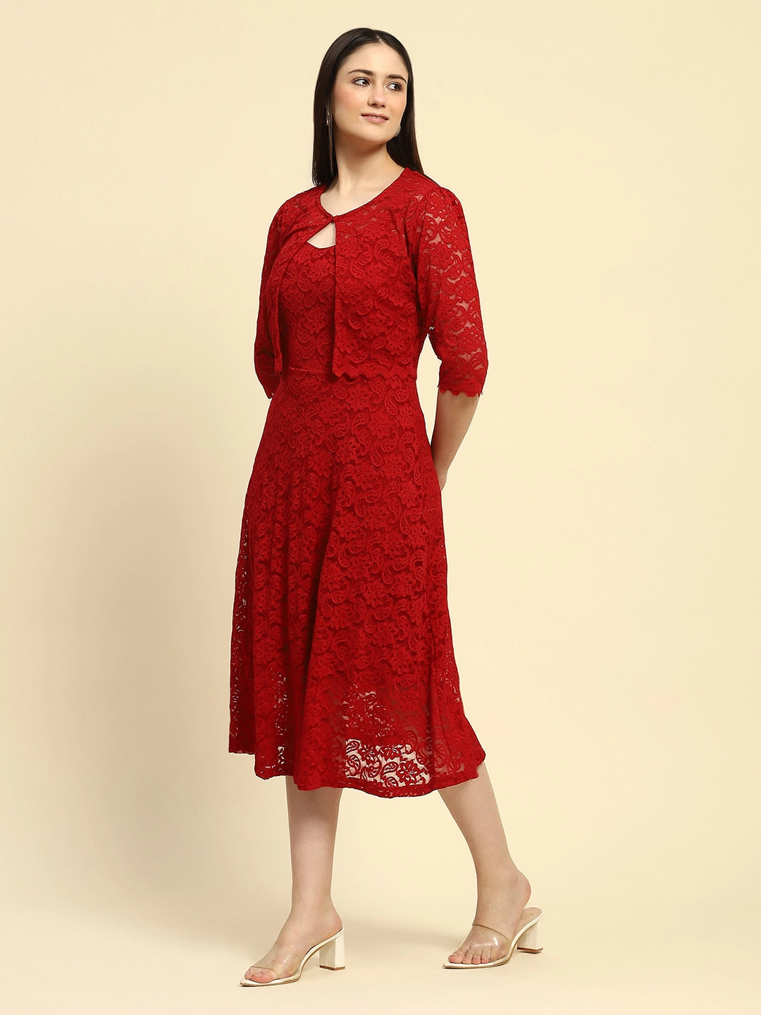 Crimson Floral Lace Fit & Flare Dress
