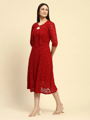 Crimson Floral Lace Fit & Flare Dress