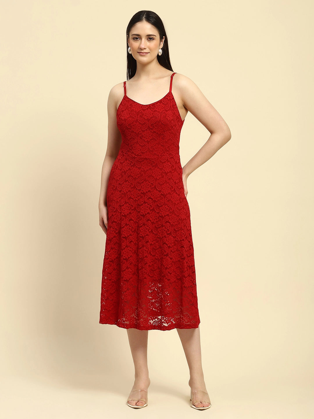 Crimson Floral Lace Fit & Flare Dress
