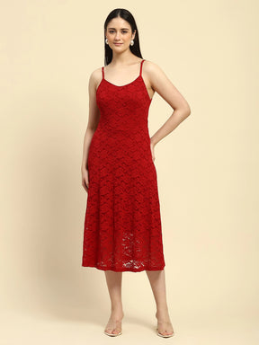 Crimson Floral Lace Fit & Flare Dress