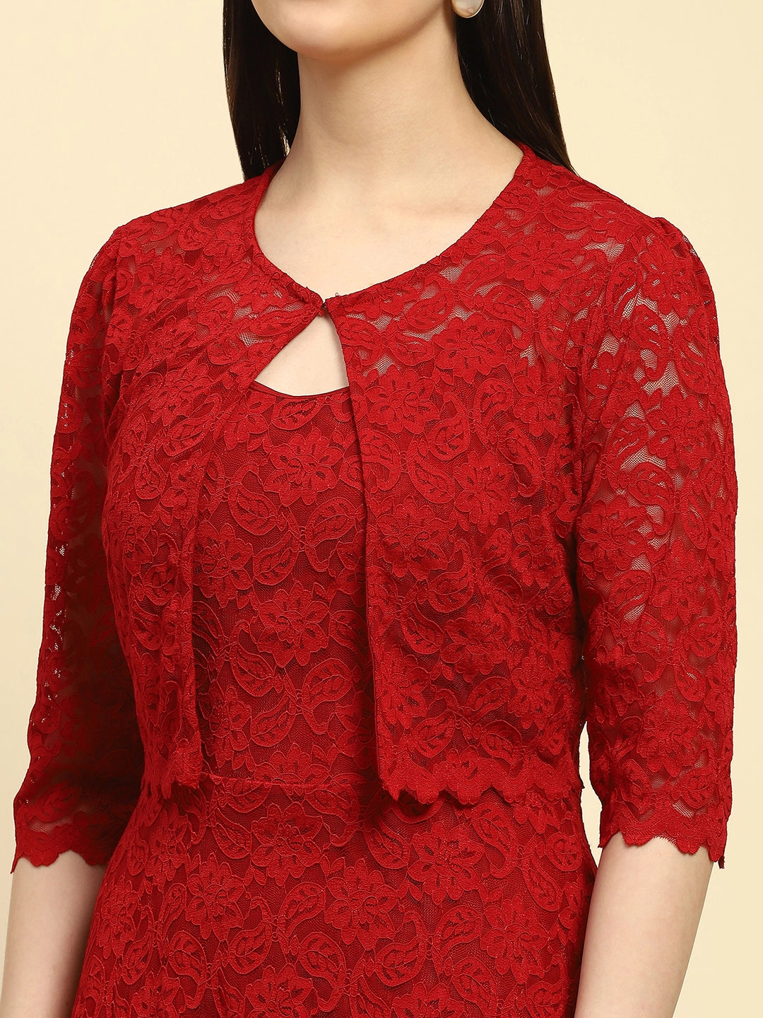 Crimson Floral Lace Fit & Flare Dress