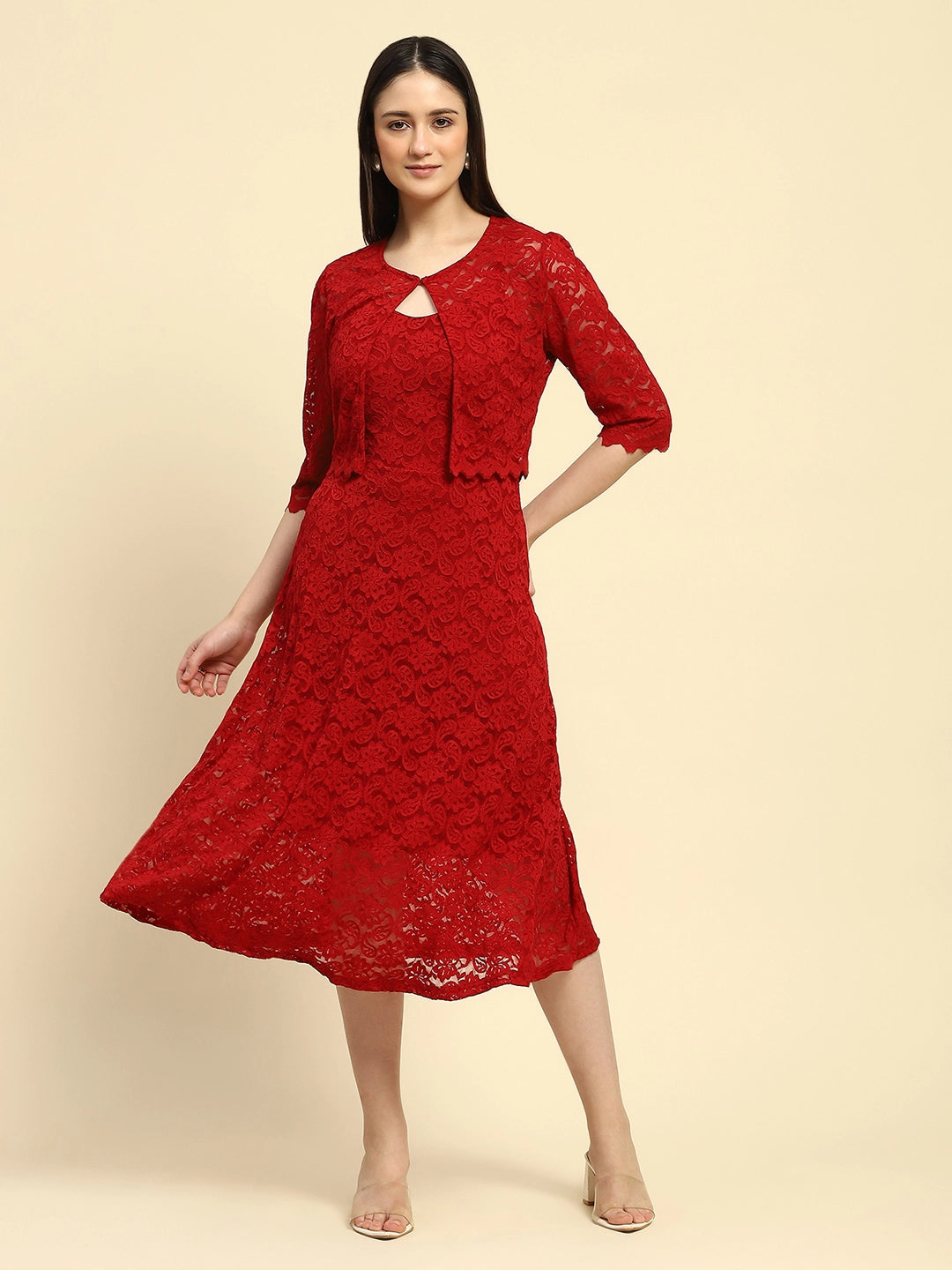Crimson Floral Lace Fit & Flare Dress