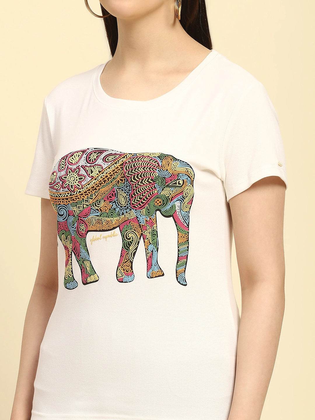 Ecru Graphic Cotton Regular Fit Top