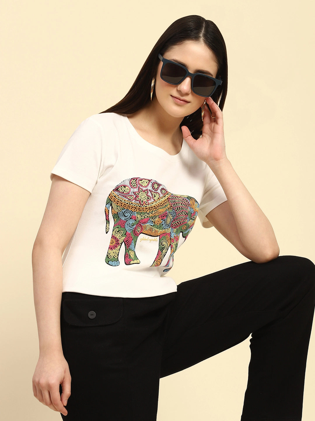 Ecru Graphic Cotton Regular Fit Top