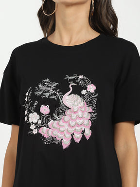 Black Embroidered Loose Fit Top