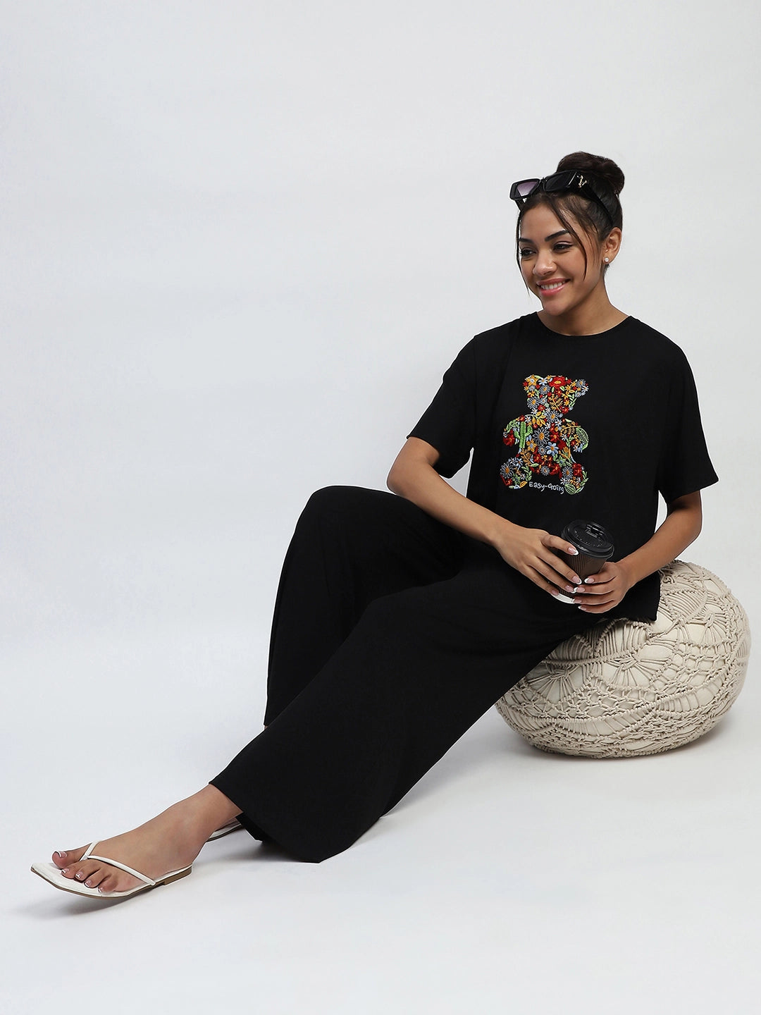 Black Embroidered Rayon Loungewear