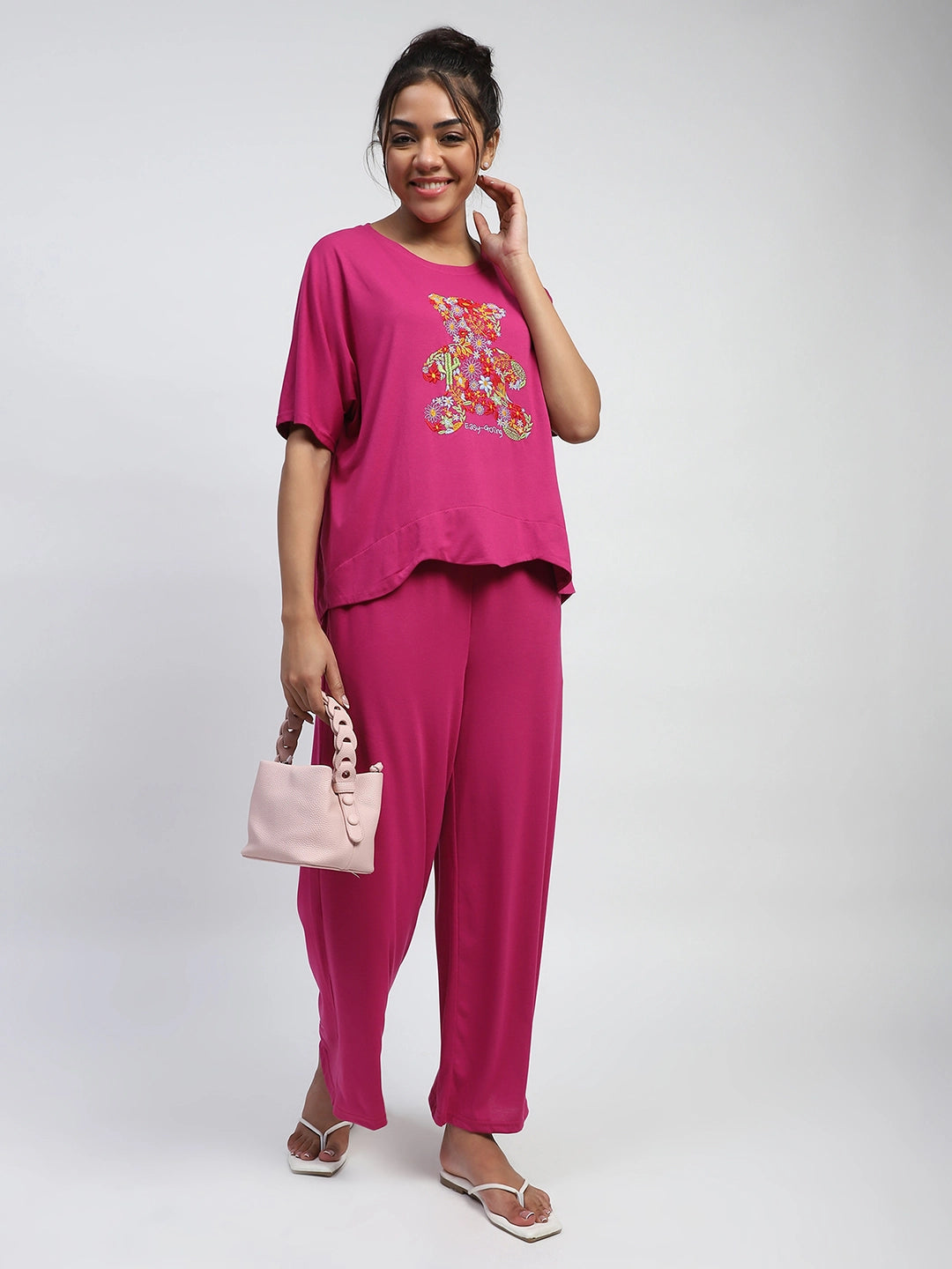 Pink Embroidered Solid Loungewear