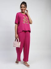 Pink Embroidered Solid Loungewear