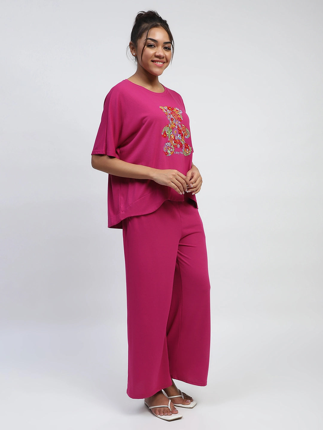 Pink Embroidered Solid Loungewear