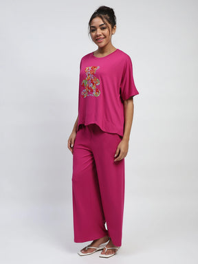 Pink Embroidered Solid Loungewear
