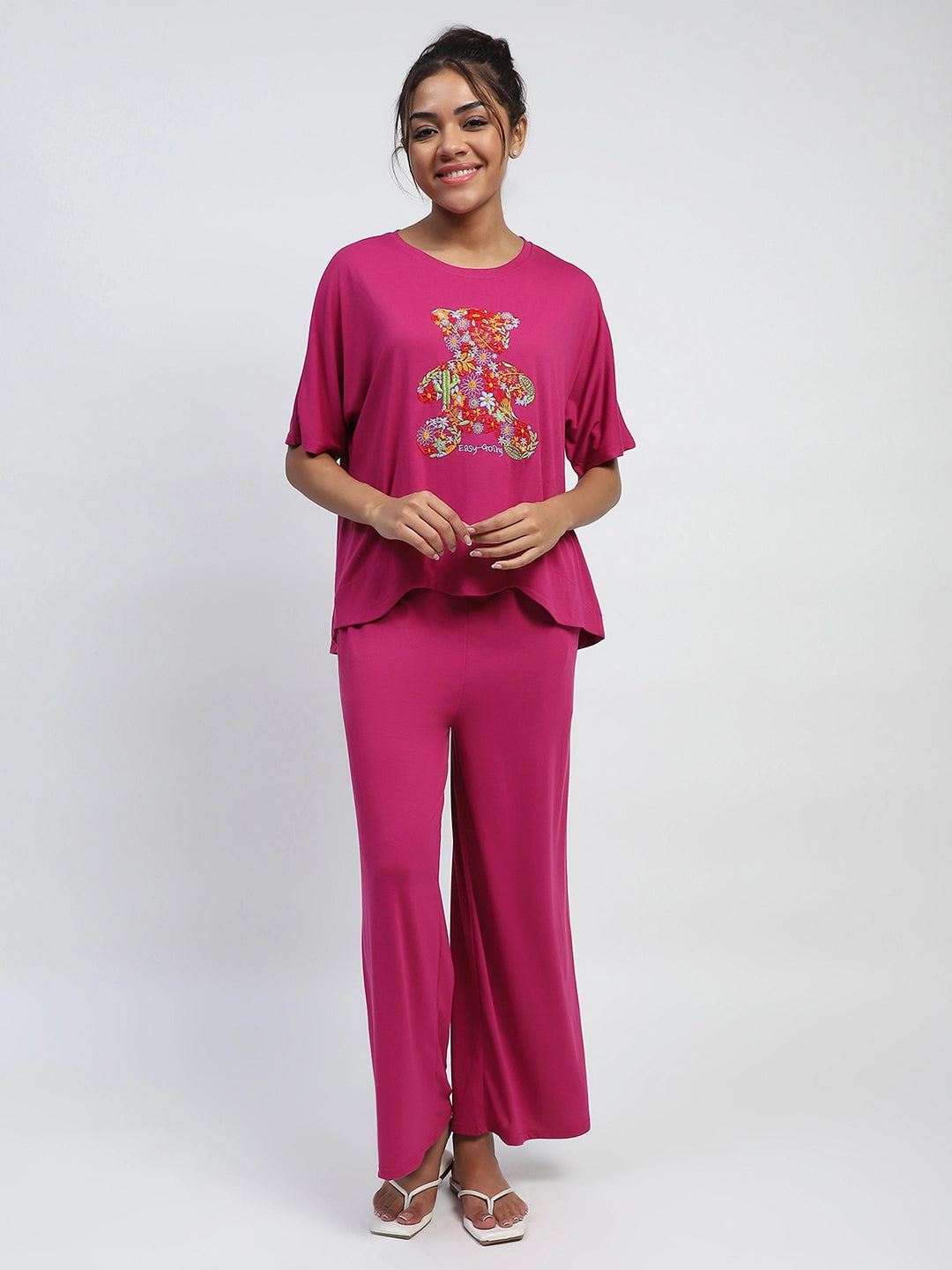 Pink Embroidered Solid Loungewear